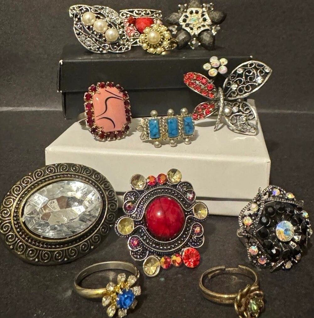 Vintage Inspired Costume Jewelry Ring Lot 12pc Statement Cocktail Adjustable